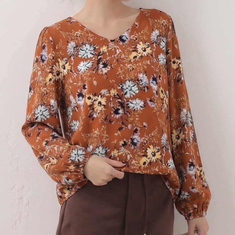Papermoon XL Floral Rust Crinkle Long sleeve Cut Out Back Blouse Top